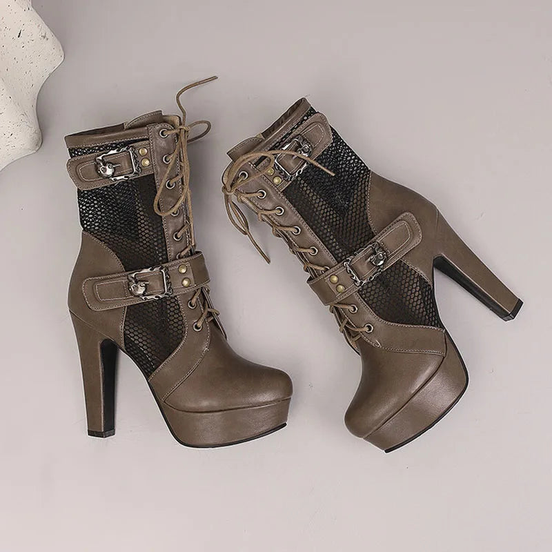 2025 New Lace-up Mesh Summer Boots Women Sexy High Heels Platform Sandals Large Size Women's Custom Boots Female Shoes WSH5054