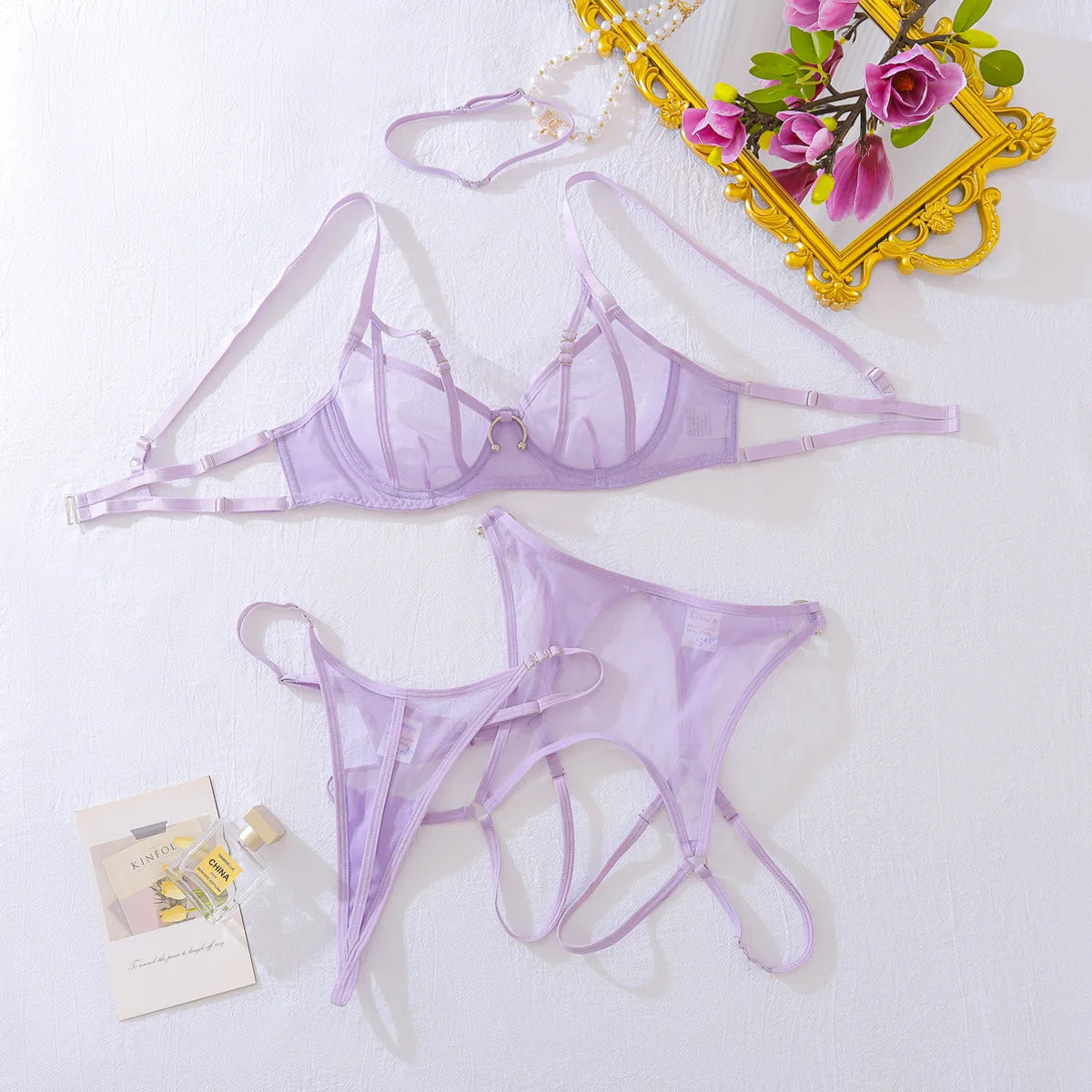 Ashburn Sexy Lingerie Suit for Women Purple Hot Girl Perspective Bra Set Sexy Lingerie Hollow Out Underwear Four-piece Set New