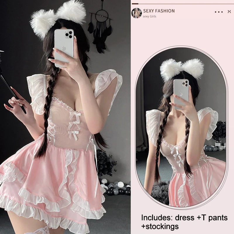 Maid Dress Cosplay Costumes Women Sexy Lingerie Perspective Erotic Underwear Sweet Uniform Skirt Maid Lace Outfit Porno Suit