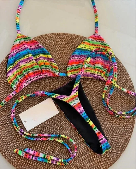 RUOTONSEPT Women's Printed Thong Bikini Set - Colorful Letter Design 2-Piece Swimwear