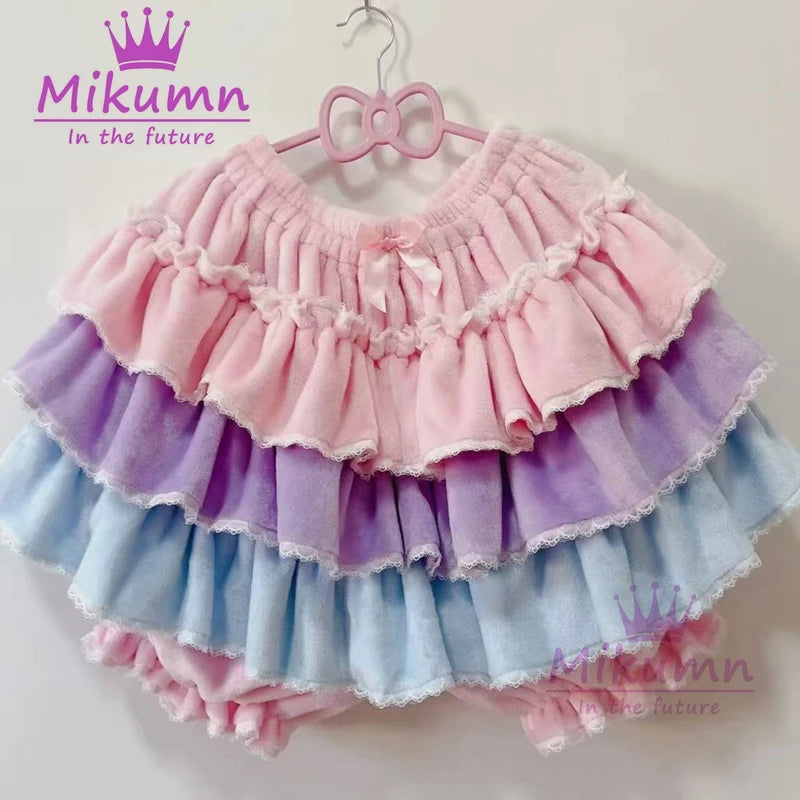 Harajuku Y2k Sweet Pink White Pumpkin Pants Lolita Autumn Winter JK Plush Shorts Japanese Kawaii Ruffles Lantern Shorts
