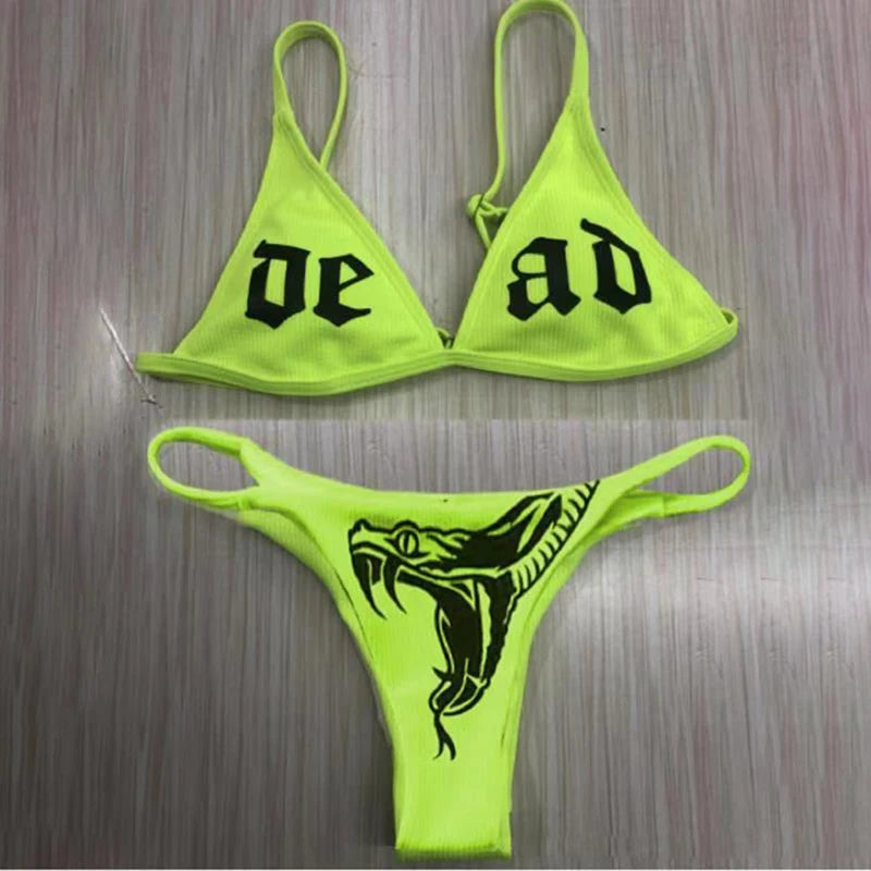 Gothic Bikini 2025 Women Letters Snake Print Bra Triangle Bottom Swimsuit Split Bathing Suit Underwear Y2K Bikinis Punk Swimwear