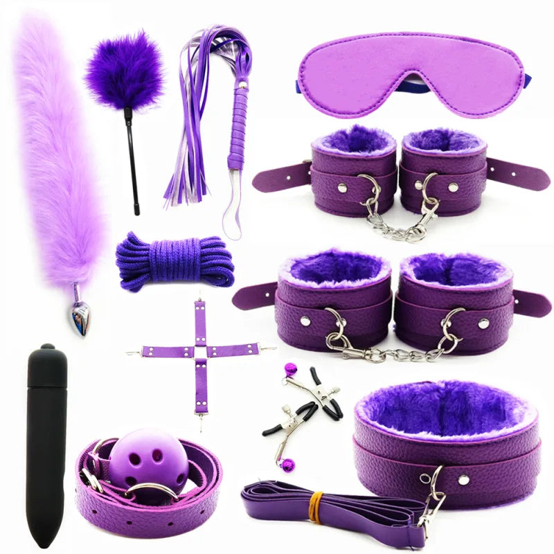Adult Products Sextoy BDSM Bondage Set Handcuffs Whip Anal Plug Collar Gag Rope Leather Restraint Kits Sex Toys for Couples