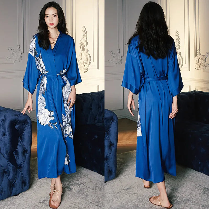 Oversize Long Robe Spring Summer Women Sleepwear Kimono Bathrobe Gown Sexy Satin Nightwear Nightgown Loose Home Dressing Gown
