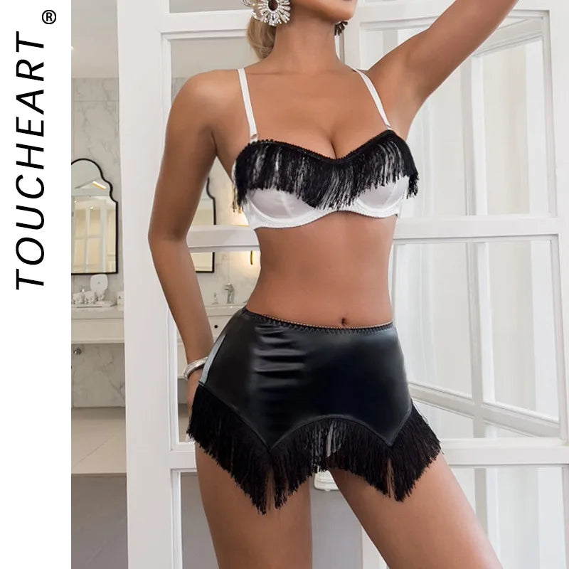 Toucheart Sexy Lingerie 4-piece Set for Women Pu Patchwork Tassel Bodycon Skirt Sexy Contrast Color Interesting Underwear Set