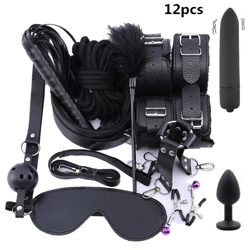 Adult Products Sextoy BDSM Bondage Set Handcuffs Whip Anal Plug Collar Gag Rope Leather Restraint Kits Sex Toys for Couples