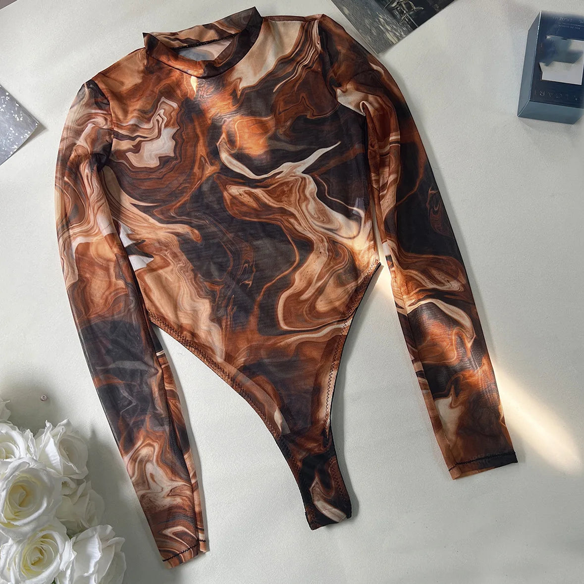 Sexy High Fork Tie Dye Print Bodysuit Women Long Sleeve Cyber Body T-Shirt Game Cosplay Jumpsuit Costume Mesh Transparent