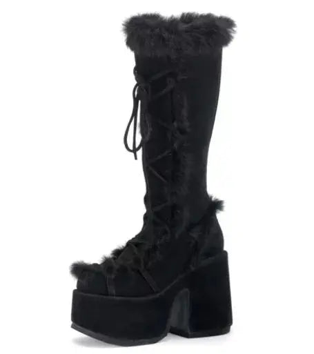 New Winter Women Snow Boots Platform High Heel Faux Fur Lady Shoes Female Plush Warm Non-slip Mid Calf Boots Goth Shoes