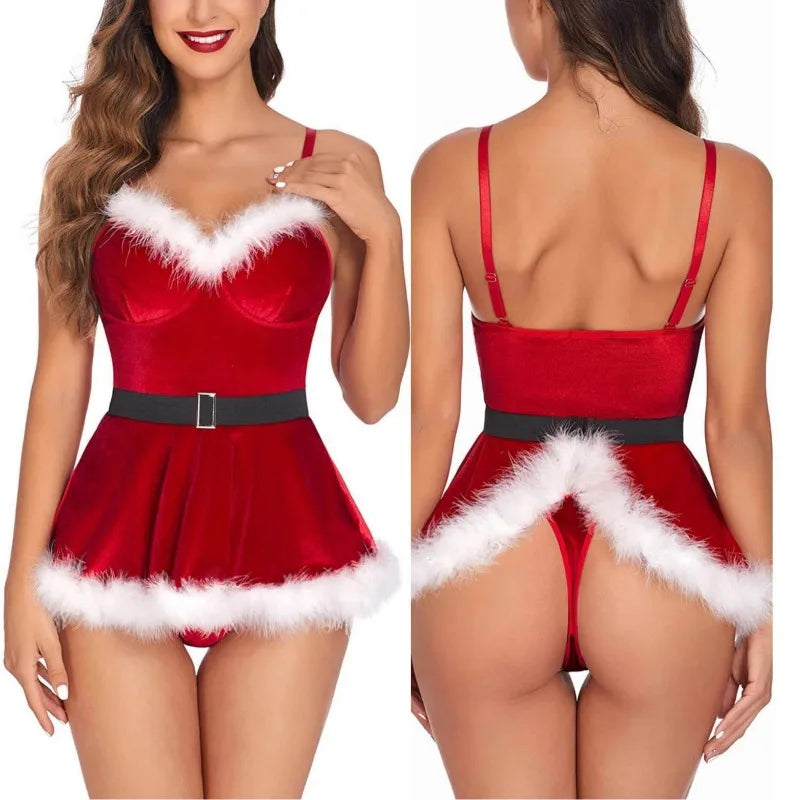Toucheart Christmas Sexy Lingerie For Women Adult Sexy Suspender Backless Jumpsuit Bow Christmas Set Interesting Nightgown New