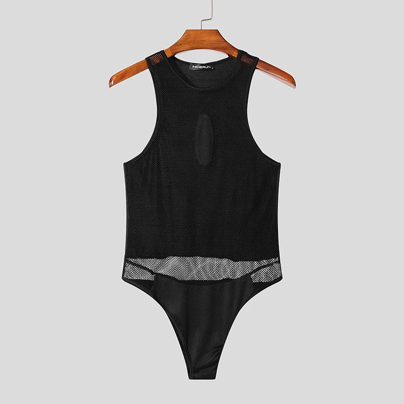 Sexy Stylish Style Homewear INCERUN Men Mesh Hollow See Through Jumpsuits Casual Fashion Patchwork Sleeveless Triangle Bodysuits