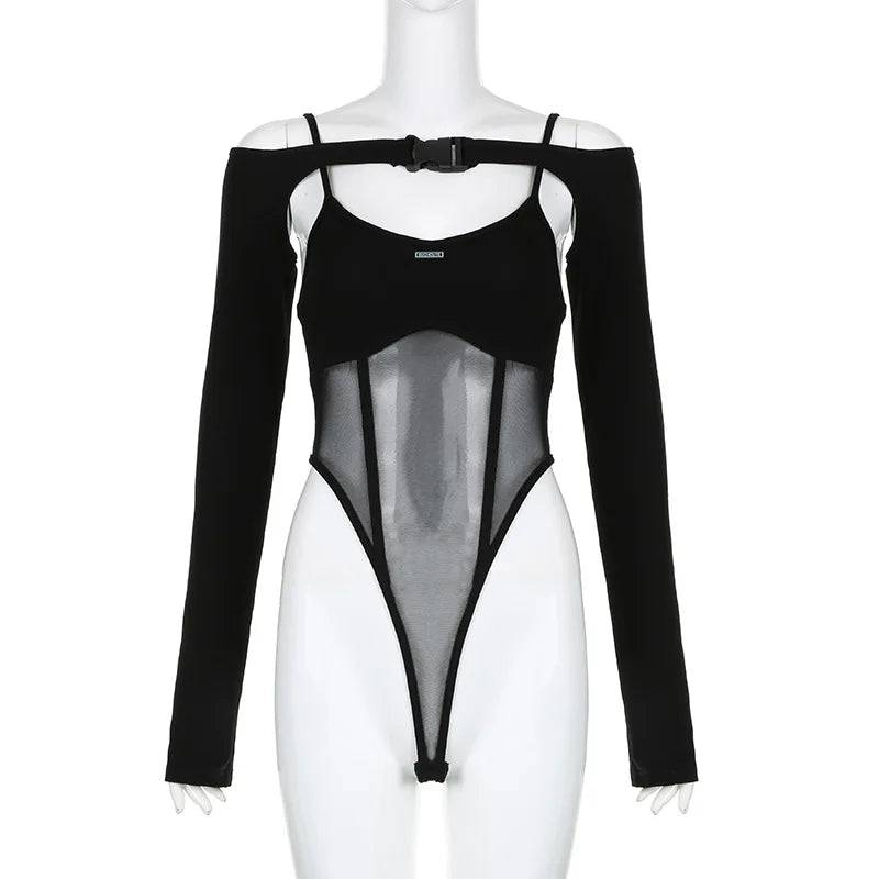 Goth Dark Mesh Patchwork Sheer Y2k Punk Sexy Bodysuits Cyber Gothic Buckle Bodycon Crop Tops Women Backless Bodysuit 2 Piece Set