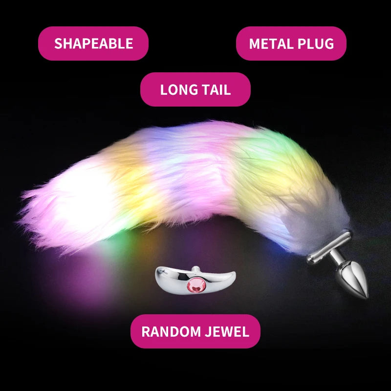 Metal Stainless Glow Steel New Detachable Led Cosplay Luminous Fox Tail Anal Butt Plug Sex Toys For Woman Man Couple