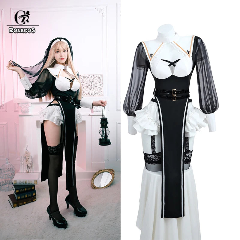 ROLECOS Nun Cosplay Costume Women Uniform Set-Party Halloween Outfit Adult Nun Dress Black Apparel Masquerade Show Costumes PVC