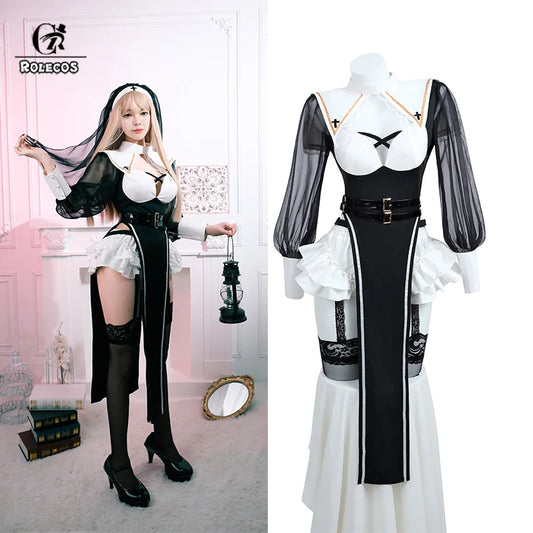ROLECOS Nun Cosplay Costume Women Uniform Set-Party Halloween Outfit Adult Nun Dress Black Apparel Masquerade Show Costumes PVC