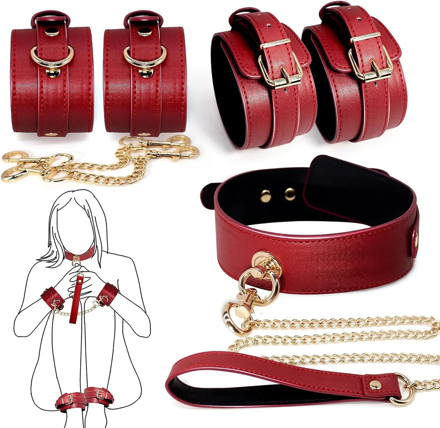 5PCS Red Sex Bondage Adult Toy SM Games Sexy Adjustable Leather BDSM Bondage Sex Toys Betish Bondage Neck to Wrist Couples Toy
