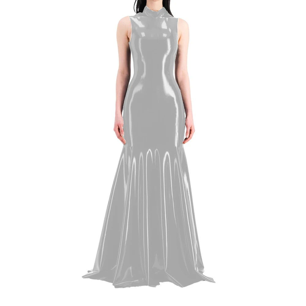 Women's Sleeveless Half High Neck Wet Look PVC Maxi Dress, Faux Latex Mermaid Floor-Length Dress, Party Club Fetish Outfit,