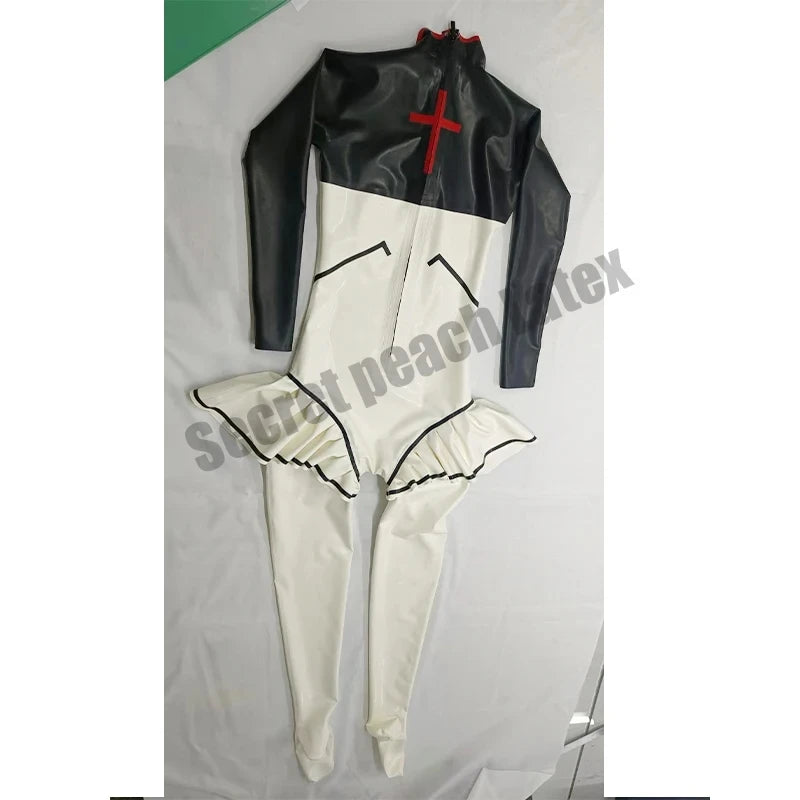 Latex Catsuit Cosplay Nun Latex Fullbody Suit With Zipper With Lace Latex Lolita Catsuit CUSTOMIZED
