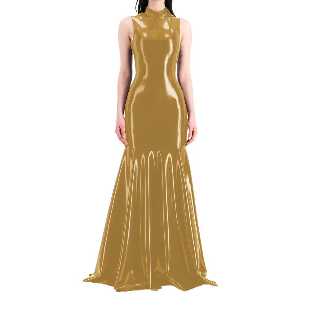 Women's Sleeveless Half High Neck Wet Look PVC Maxi Dress, Faux Latex Mermaid Floor-Length Dress, Party Club Fetish Outfit,
