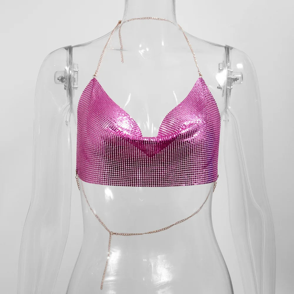 Sexy Metal Metallic Crop Top Women Beach Halter Corset Tops Glitter Backless Party Club Tank Top Clothes Top Camisole Croppe