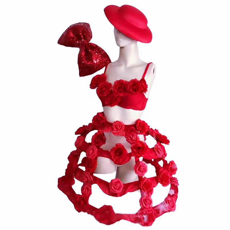 Valentine's Day Costume Red Rose Flower Tiered Skirt Dance Outfit Adult Carnival Party Bar Nightclub Performance Sexy Stage Wear