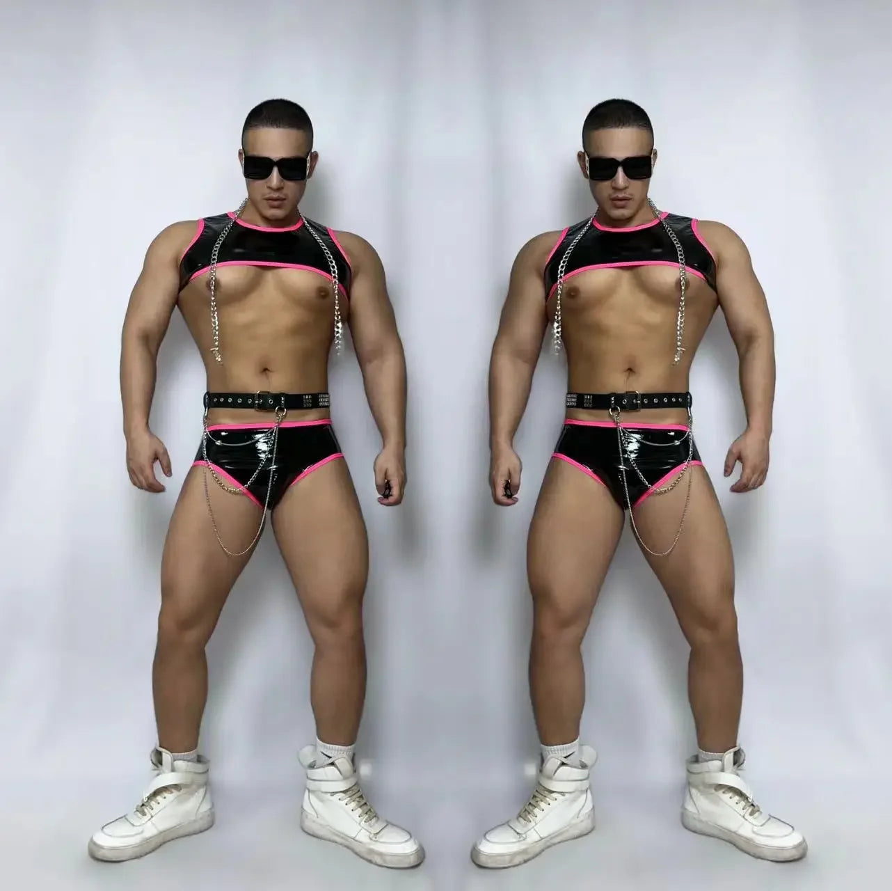 Chains Performance Clothes Club Party Show Rave Outfit DJ Nightclub Male Pole Dancing Costume Fluorescent PU Leather Bikini Belt