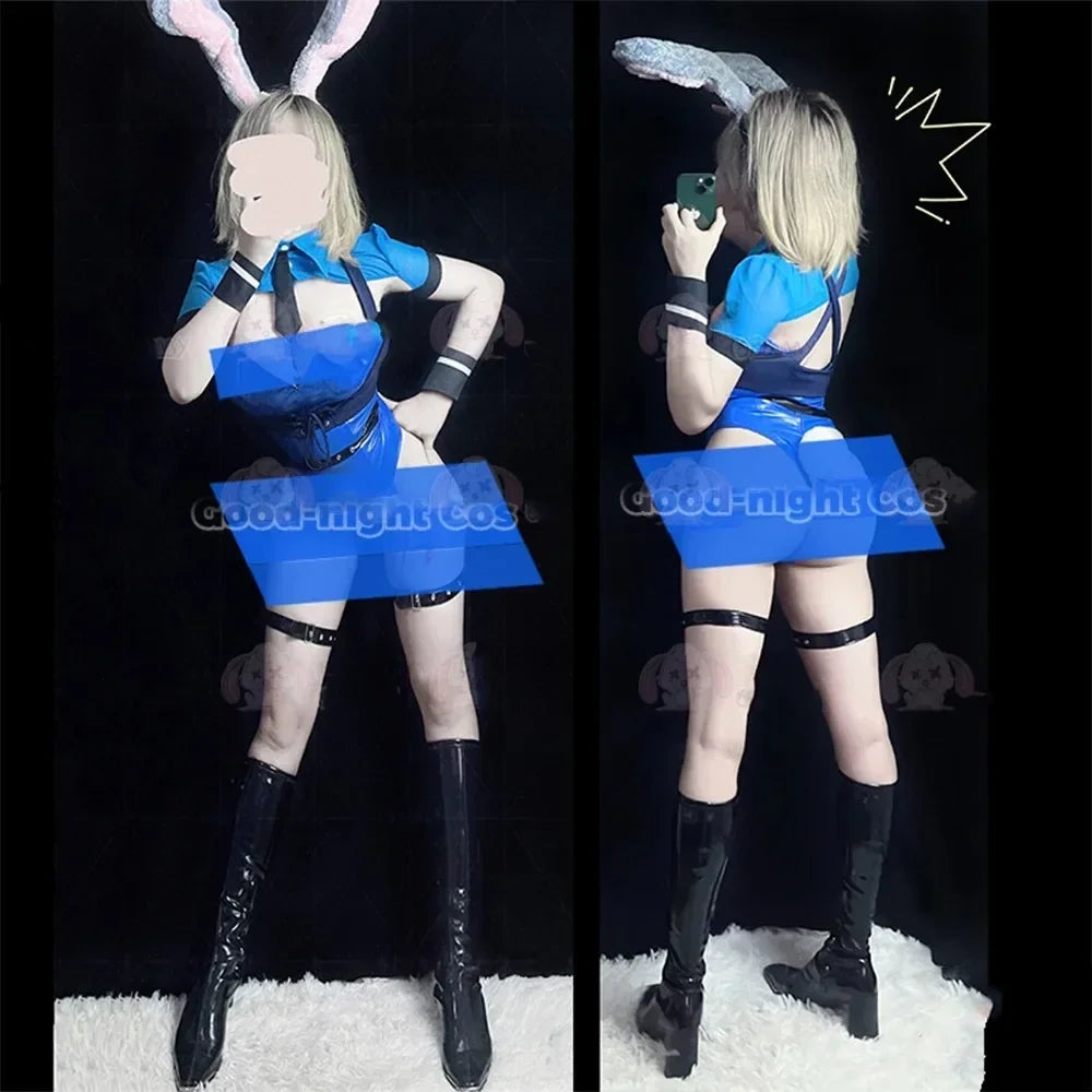 Anime Judy Cosplay Bunny Girl Costume Sexy Catsuit movie role Play  Girls PU Leather Uniform Ear headdress Halloween party
