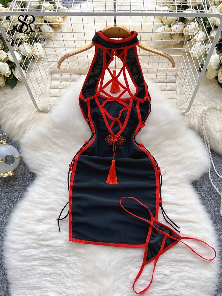 SINGREINY Women Halter Pajamas Dress Hollow Out Lace-up Slim Erotic Short Night Dress Pendant Retro Cheongsam Sexy Nightwear