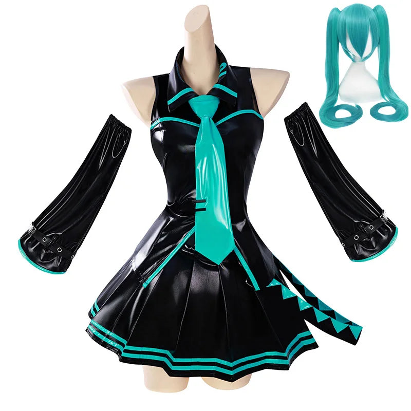 Black Green Leather Miku Cosplay Costume Wig Patent Leather Latex Women Girl Uniform Dress Anime Halloween Carnival Party Outfit