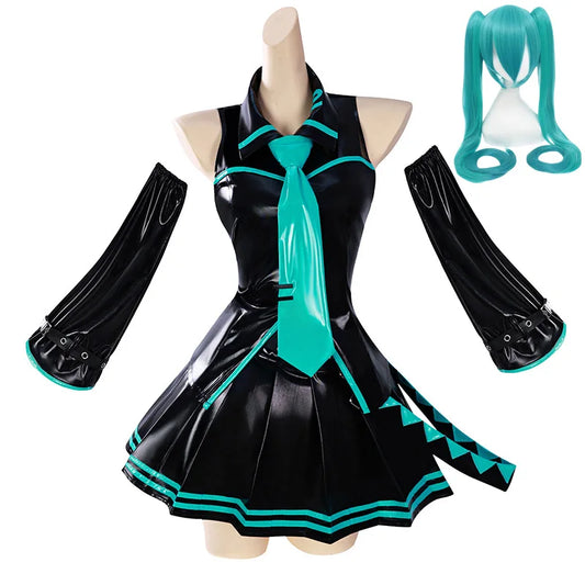 Black Green Leather Miku Cosplay Costume Wig Patent Leather Latex Women Girl Uniform Dress Anime Halloween Carnival Party Outfit