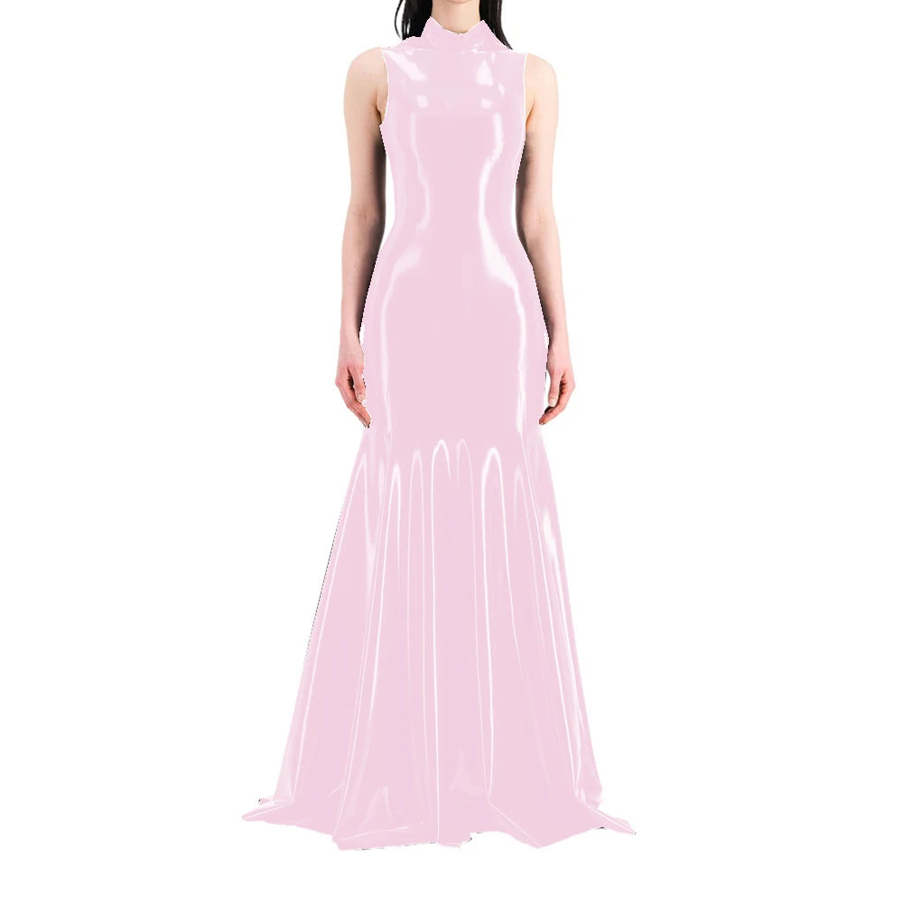 Women's Sleeveless Half High Neck Wet Look PVC Maxi Dress, Faux Latex Mermaid Floor-Length Dress, Party Club Fetish Outfit,