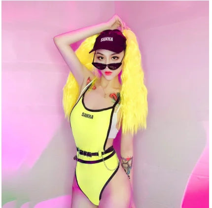 Drag Queen Gogo Dancer Costume Women Fluorescent One-Piece Bodysuit Goggles Stage Outfit Pole Dance Nightclub Bar Rave Clothes