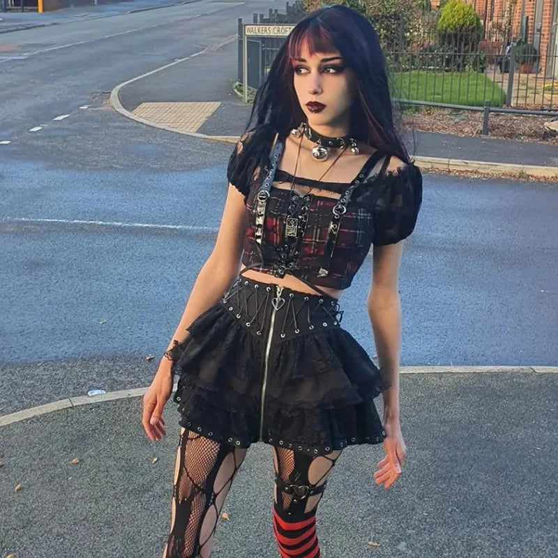 Gothic Skater Punk Vintage High Wasit Skirt Women's Zipper Front Japanese Style Kawaii Black Harajuku Cosplay Mini Skirts