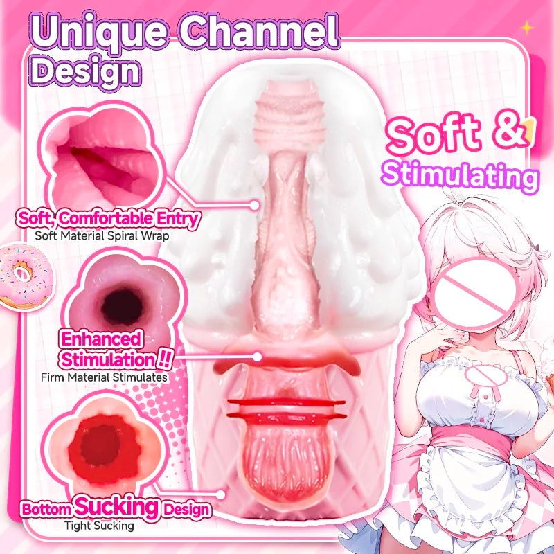 YUU Ice Cream Shape Masturbator for Male Hidden Sex Toy Pocket Pussy Anime Vagina Sucking Masturbation Toy for Men Soft Portable