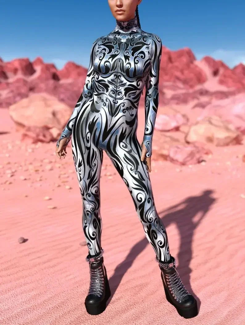 Psychedelic Mesh Cosplay Jumpsuit Catsuit Mesh Zentai Suit Rave Unique Suits Burning Man Festival Women Halloween Party Bodysuit