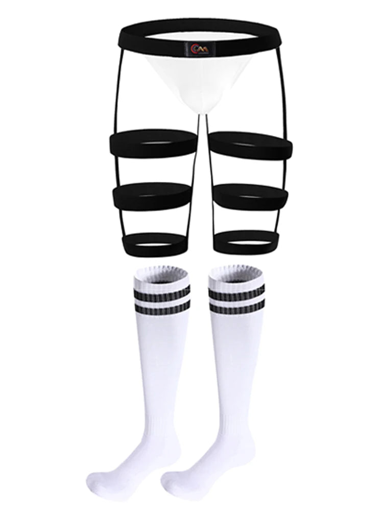 CLEVER-MENMOD Men Sexy Porn Halterneck Chest Briefs Stockings Set Jockstrap BDSM Harness Lingerie Exotic Sissy 18+ Adult Costume