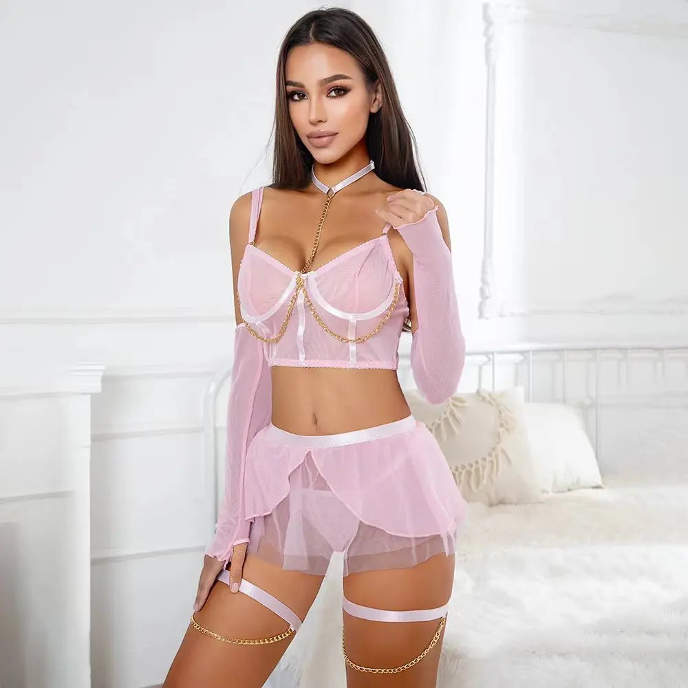 Toucheart Sexy Chain Lingerie Set for Women Solid Color Halter Women's Underwear Suit Sexy Garters Mesh Lingerie Skirt Set New