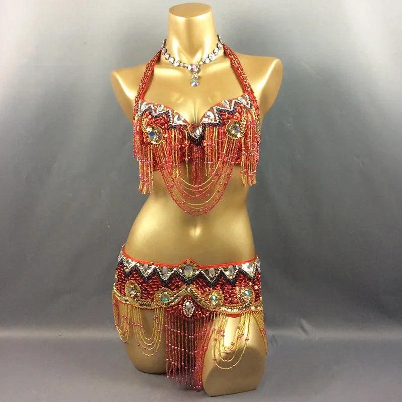 Sexy Belly Dance Costume Set Bra + Belt 2 Piece Set Belly Dancing Costume for Women's 34D/DD,36D/DD,38/D/DDD,40B/C/D,42D/DD