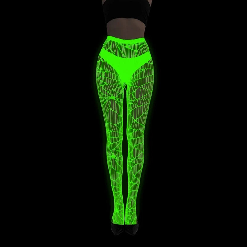 Women Glow in Dark Halloween Fishnet Pantyhose Luminously Spiderweb Skull Pattern Mesh Tights Stockings Party Hosiery