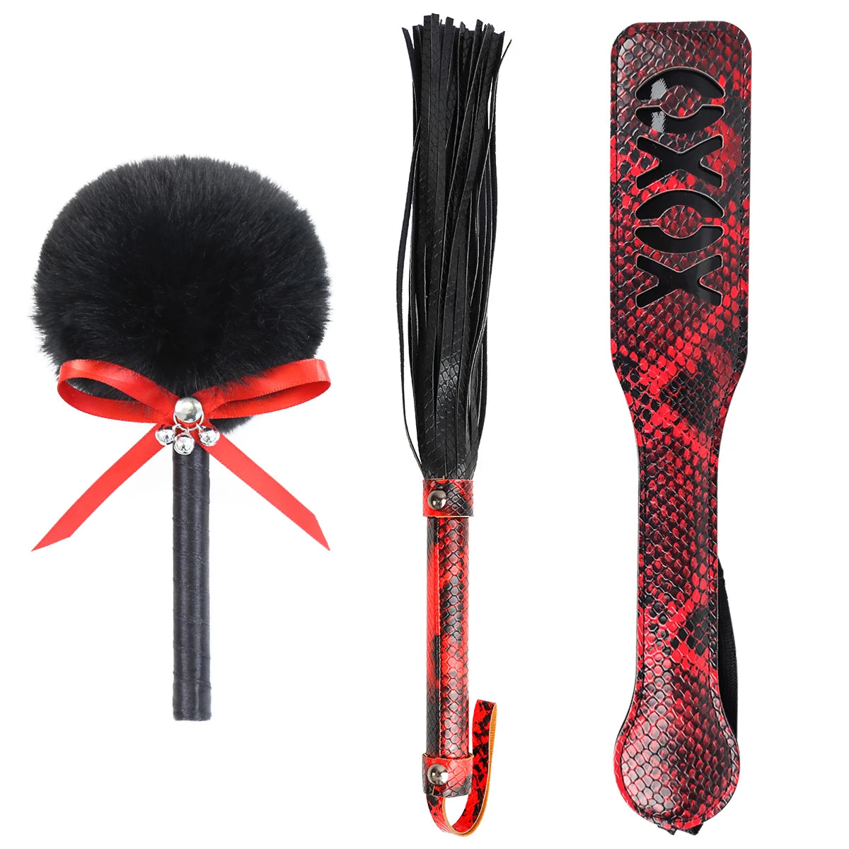 3pcs Bondage Kits Snake Leather Restraint BDSM Sets XOXO Paddle Spanking Whip and Blindfold Bondage Sex Toy for Couples