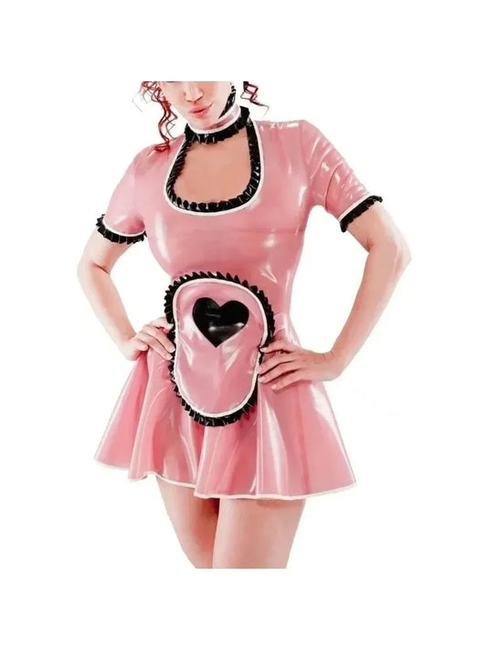 customized Sexy Latex Dress Zipper Back Short Sleeves Apron with Hearts Trims Rubber Uniform Bodycon Playsuit