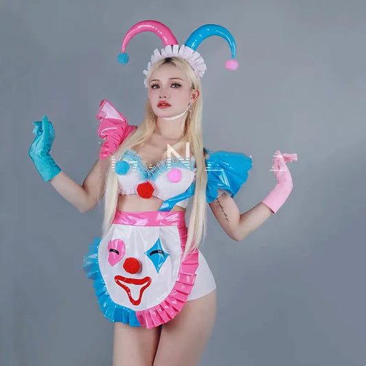 Halloween Maid Uniform Clown Cosplay Costume Women Bar Role Playing Stage Performance Clothes Pink Blue Tops Shorts Dance Outfit