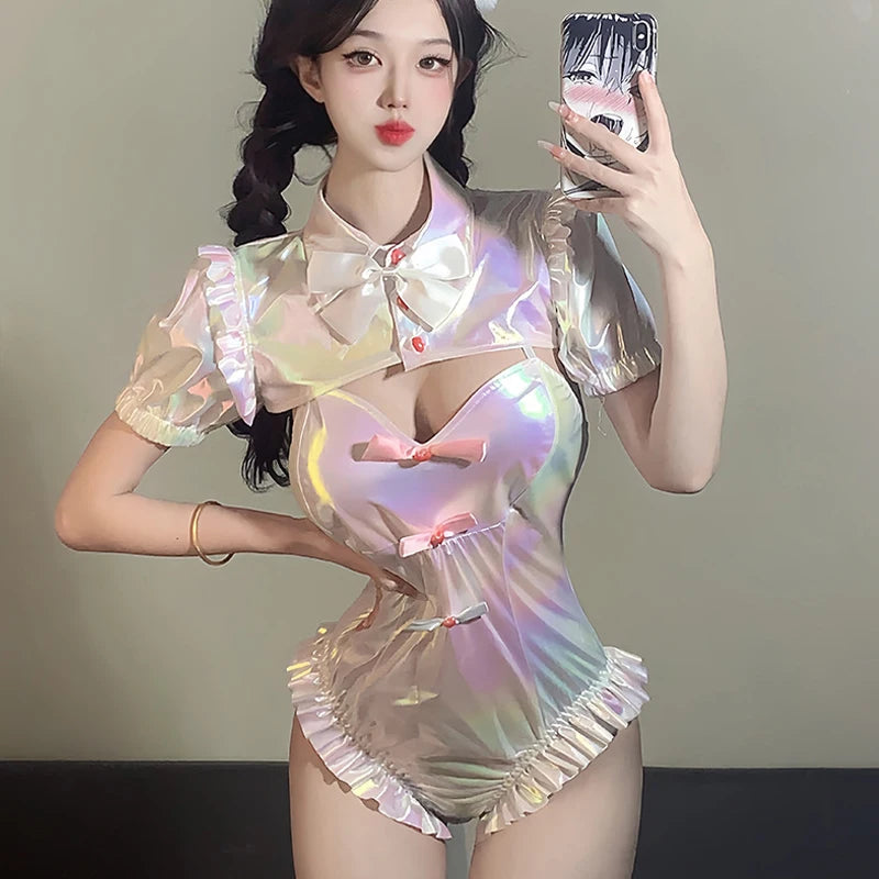 NEEDY GIRL OVERDOSE KAngel Bodysuit Cosplay Sweet Lolita Laser Ruffle Swimsuit Pink Cute Bodysuit Role Play Outfits Halloween