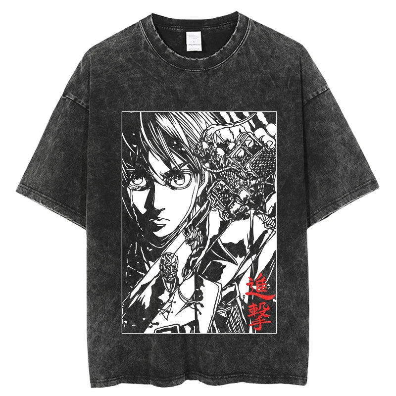 Anime Attack on Titan Tshirts Vintage Washed T Shirt Harajuku Oversize Cotton Tee Cotton Fashion Streetwear Unisex Top