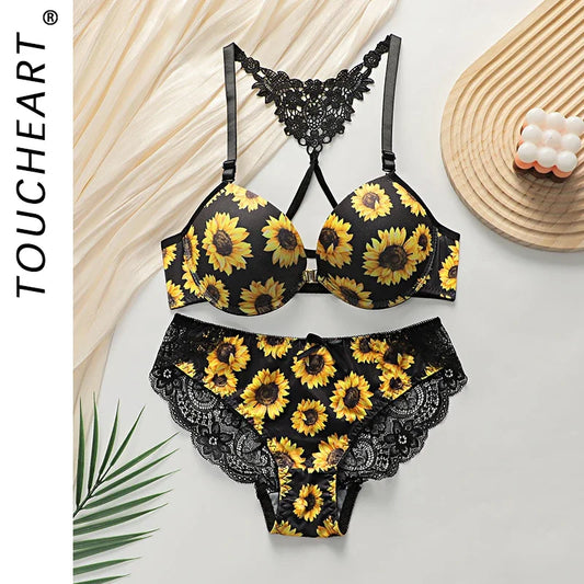 Toucheart 2 Piece Set Sexy Front Buckle Bra Set For Women Lace Gathered Chrysanthemum Bra Exotic Sexy Mesh Lace Underwear Set