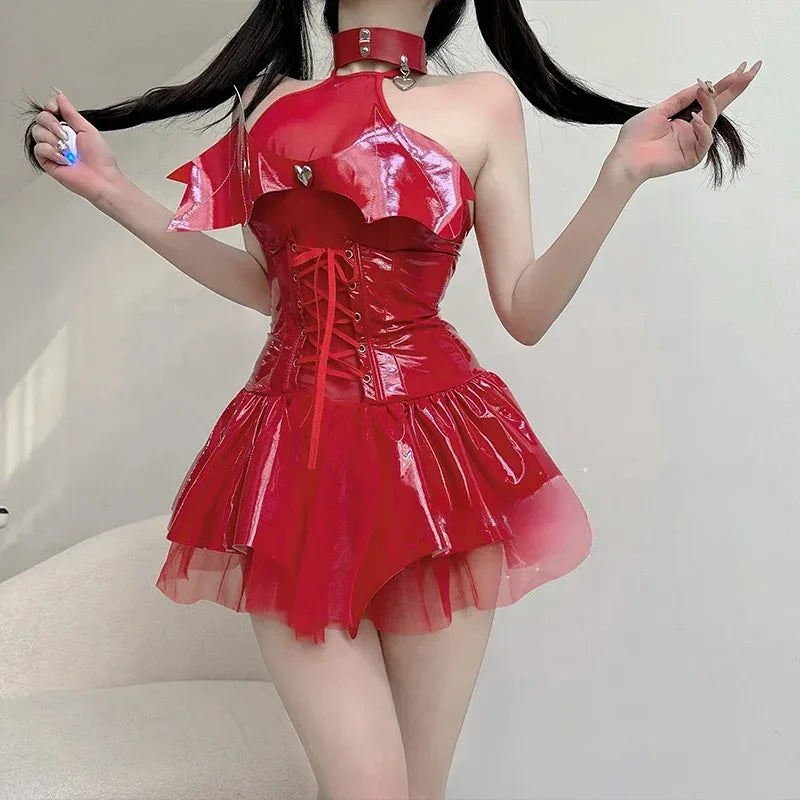 A Litter Of Bears Women Sexy Clubwear Anime Red Devil Erotic Lingerie PU Leather Bandage Temptation Halter Neck Vampir 2025 New