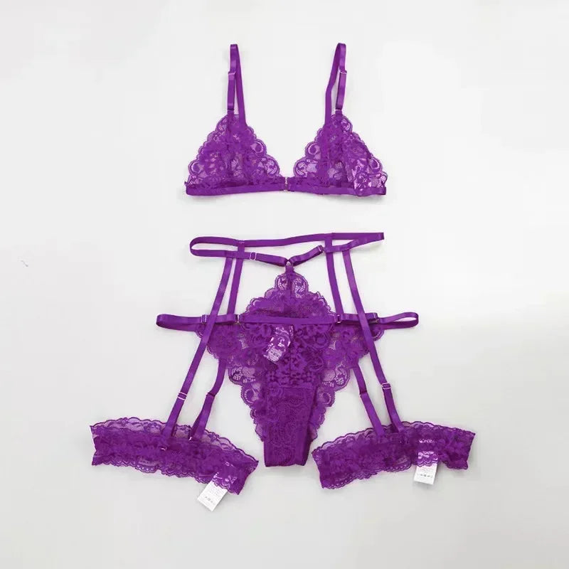 ASHBURN 3 Piece Set Sleepwear Suit Sexy Lingerie Women Thin Transparent Lace Bra Set See Through Female Erotic Underwear New