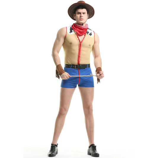 Sexy Men Mesh Western Cowboy Cosplay Sissy Lingerie Set Gay Bar Dance Perform Role Play Clubwear Halloween Carnival Party Outfit