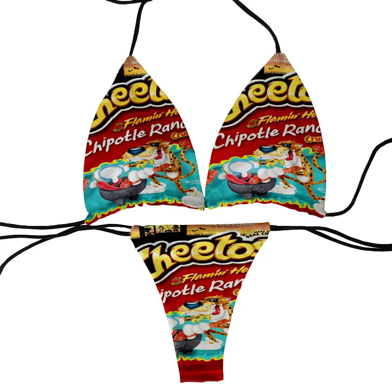 Funny food and potato chip print summer swimsuit women sexy bikini panties thong G-string swimming trunks beachwear