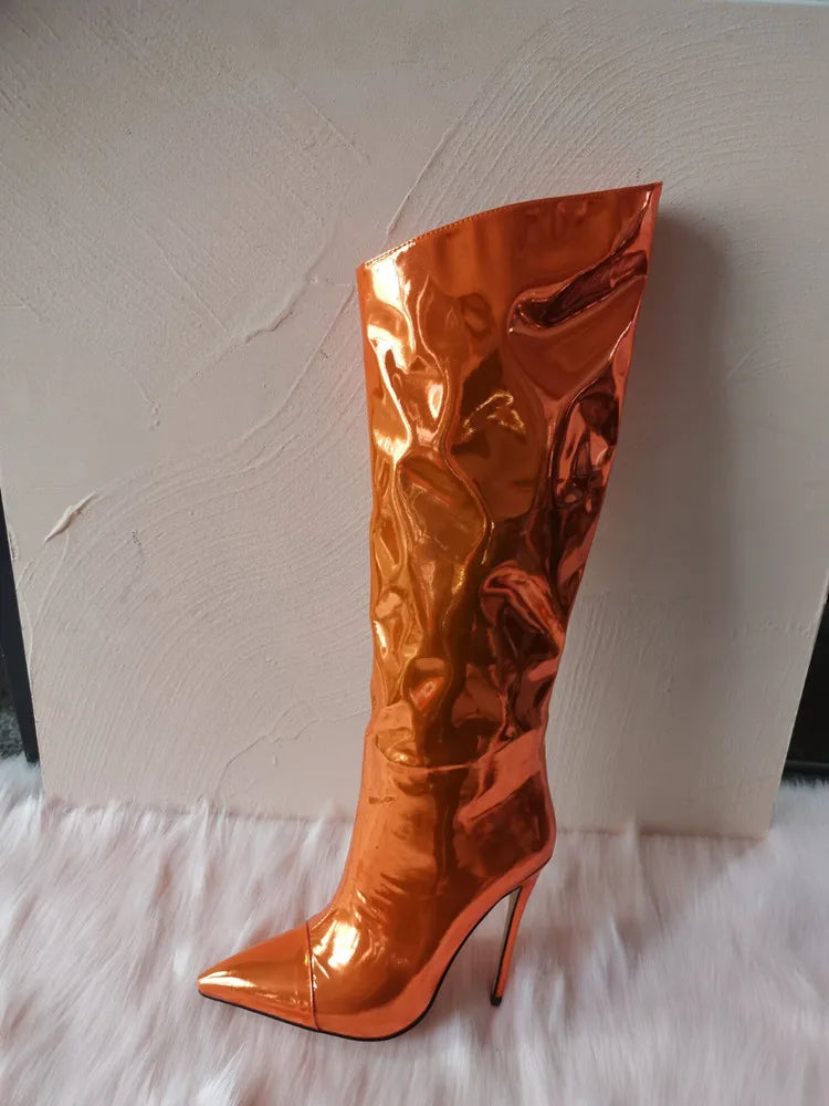 Knee High Boots Candy Colors Mirror Leather Women Knee High Boots High Heels Stilettos Runway Shoes for Women High Heel Boots