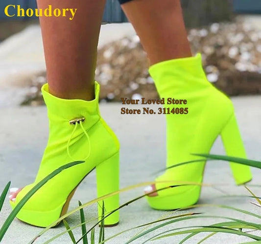 Choudory Lime Green Hot Pink Stretch Lycra Short Boots Chunky Heels Platform Ankle Boots Lace-up Open Toe Dress Shoes Pumps